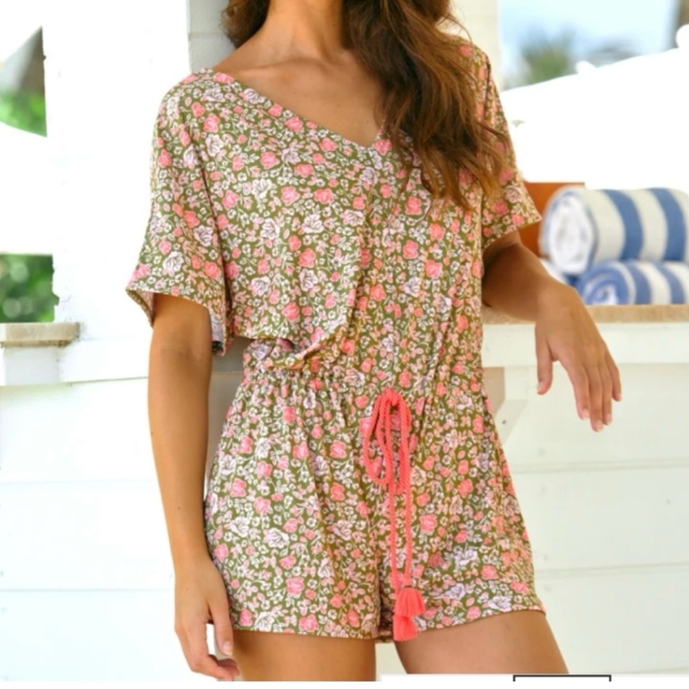 Cabana Life Olive Floral Romper with Pink Drawstring